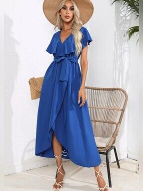 Blue Ruffled Tied Midi Dress